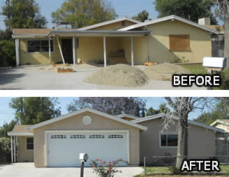 Here is a more complex carport conversion (plus some other renovations). The buyer of this home wanted a set of improvements and repairs completed, then they listed the home to sell again (to flip it). This carport conversion job was closer to what it takes when building a detached garage- much more than just adding a wall and a garage door. For instance, the new garage needed a full roof that fit with the roofline of the rest of the house. This homeowner also had the contractor install new windows and doors. (Note that the two pictures are at different angles, so that is why the tree that is prominent in the bottom photo is way off to the right in the top photo.)